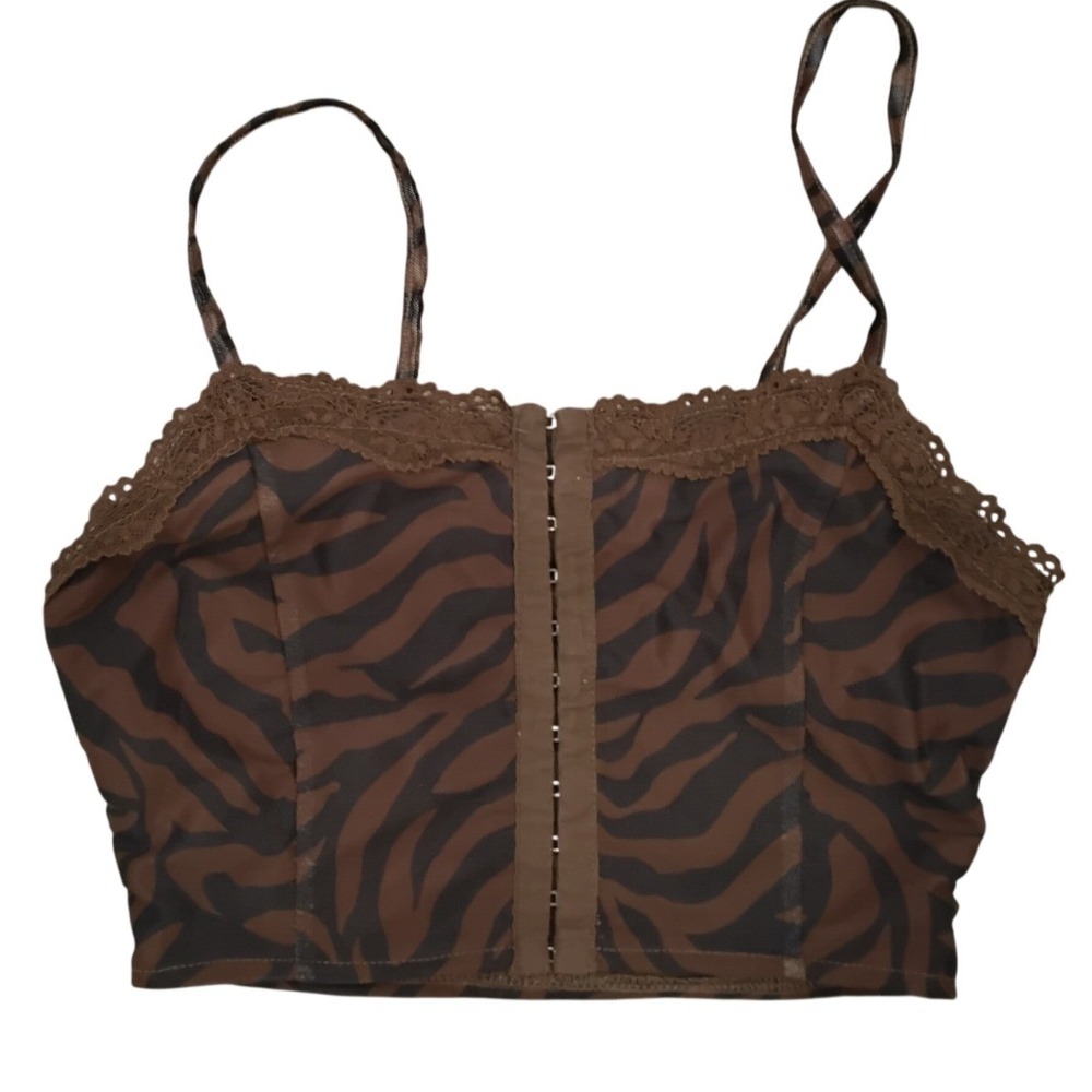FULL TILT Brown Zebra Print Mesh Corset Top Camisole Lace‎ Trim Cropped